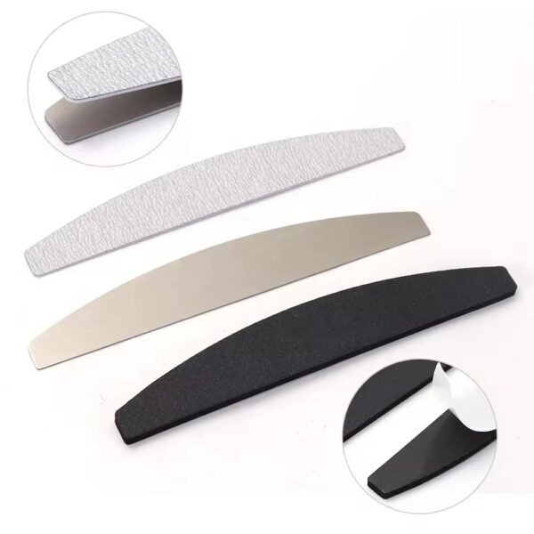 A Metal Core Nail File showcasing a durable, stainless steel base designed for repeated use. It features a sleek, ergonomic handle for precise control and is paired with disposable, self-adhesive sandpaper refills in multiple grits. Ideal for salon use, it ensures easy sanitation between clients.