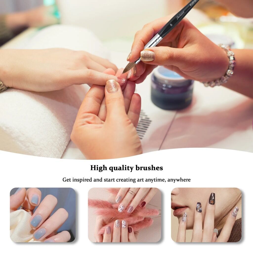 Kolinsky sable hair and synthetic nail brushes in various sizes for acrylic nails application