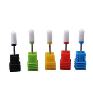 Ceramic nail drill bits with multi-grit options (yellow, red, blue, green) for professional nail care